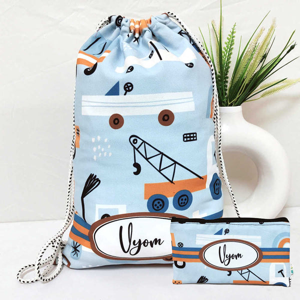 Personalised Car Drawstring Bag & Pencil Pouch Kids Combo