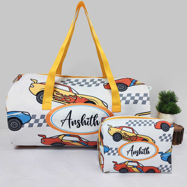 Personalised Car Printed Kids Large Duffle Bag & Box Pouch Combo Gift Set