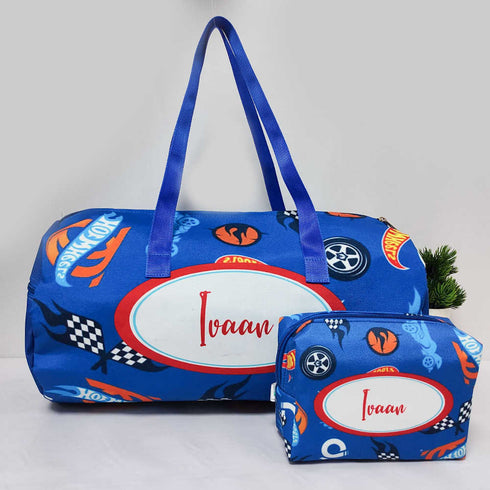 Personalised Car Printed Kids Large Duffle Bag & Box Pouch Combo Gift Set