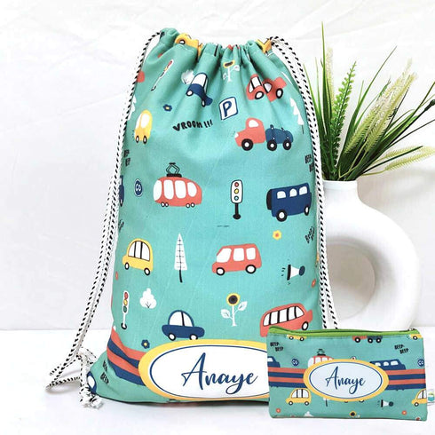 Personalised Cars Drawstring Bag & Pencil Pouch Kids Combo