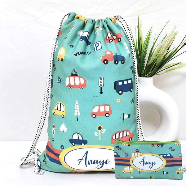 Personalised Cars Drawstring Bag & Pencil Pouch Kids Combo