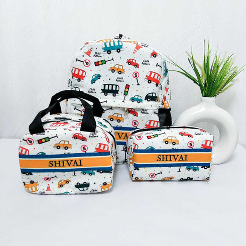 Personalised Cars Printed Kids Bag Pack Combo Gift Set