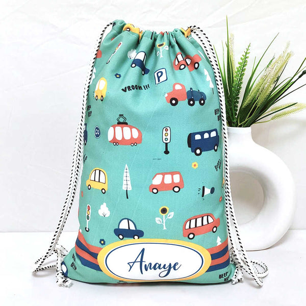 Personalised Cars Printed Kids Drawstring Bag