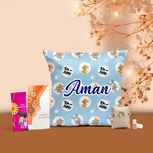 Personalised Cricket Cushion & Rakhi Combo for Kids