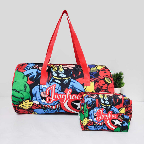 Personalised Cartoon Kids Large Duffle Bag & Box Pouch Combo Gift Set