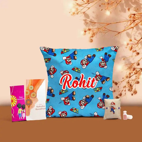 Personalised Cricket Cushion & Rakhi Combo for Kids
