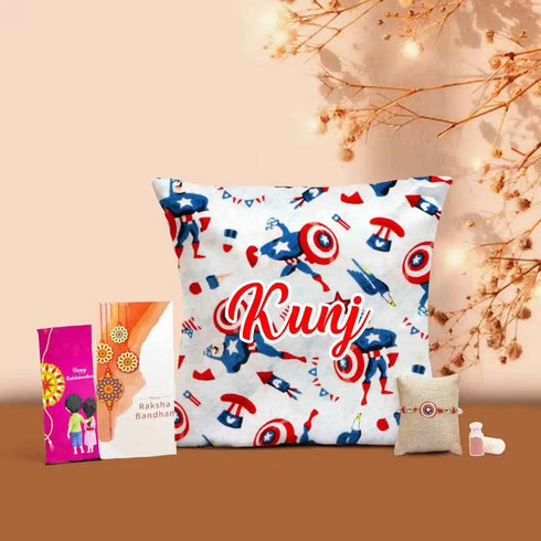 Personalised Cricket Cushion & Rakhi Combo for Kids