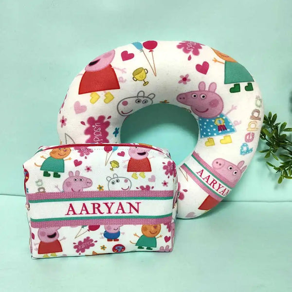 Personalized Cartoon Printed Neck Pillow with Box Pouch Combo for Kids