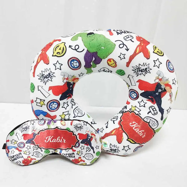 Personalized Cartoon Printed Neck Pillow with Eye Mask Combo for Kids