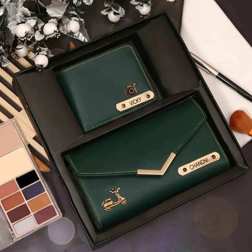 Personalised Couples Wallet Combo With Charms - Tan