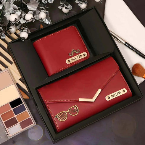 Personalised Couples Wallet Combo With Charms - Tan