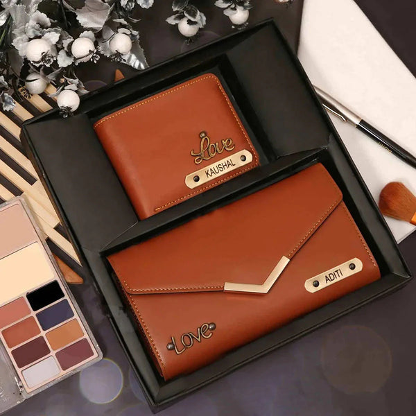 Personalised Couples Wallet Combo With Charms - Tan - Uncommongifts.in