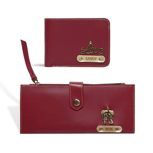 Personalised Couples Wallet Combo with Charms - Maroon - Uncommongifts.in