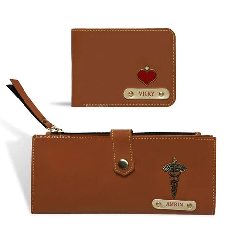 Personalised Couples Wallet Combo with Charms - Tan - Uncommongifts.in
