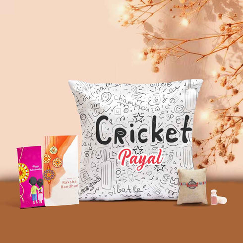 Personalised Cricket Cushion & Rakhi Combo for Kids