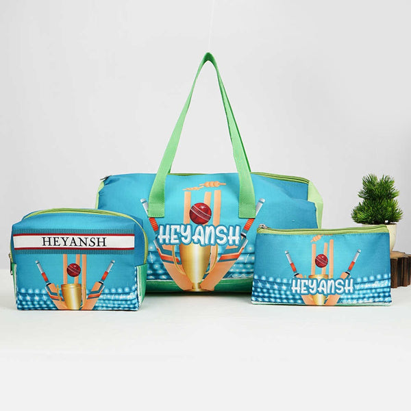 Personalised Cricket Printed Kids Duffle Bag & Box Pouch Gift Combo