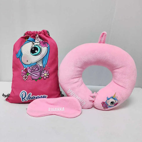 Personalised Unicorn Drawstring Bag with Neck Pillow Combo for Kids