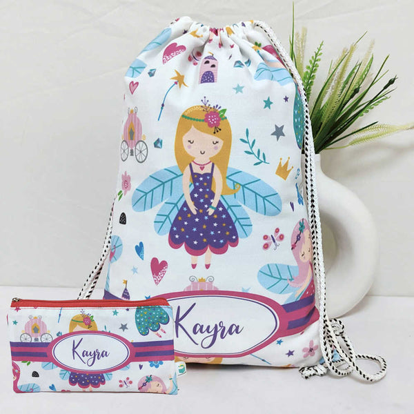 Personalised Fairy Drawstring Bag & Pencil Pouch Kids Combo