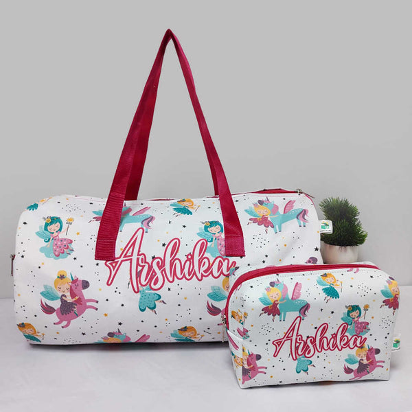 Personalised Fairy Printed Kids Large Duffle Bag & Box Pouch Combo Gift Set