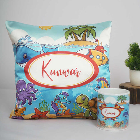 Personalised Fish Printed Cushion & Mug Kids Combo