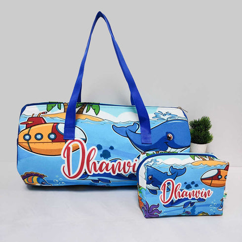 Personalised Fish Printed Kids Large Duffle Bag & Box Pouch Combo Gift Set
