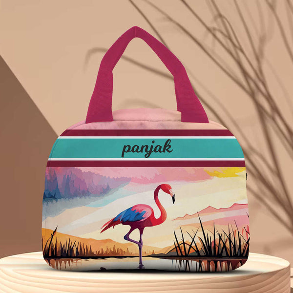 Personalised Flamingo Printed Kids Lunch Bag With Handle