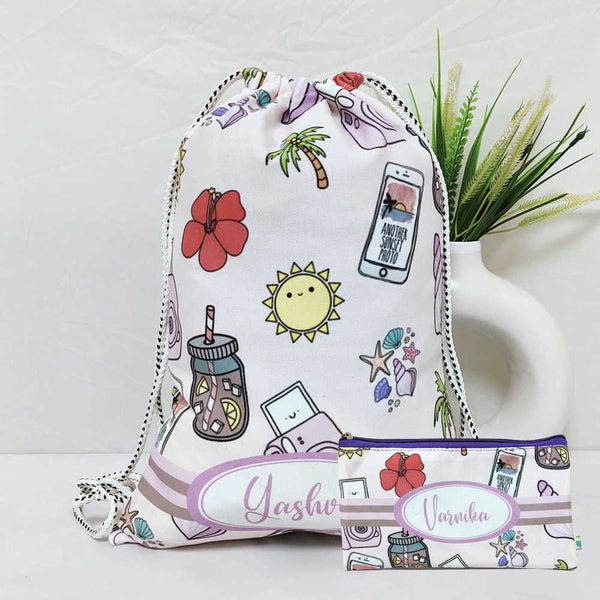 Personalised Floral Drawstring Bag & Pencil Pouch Kids Combo