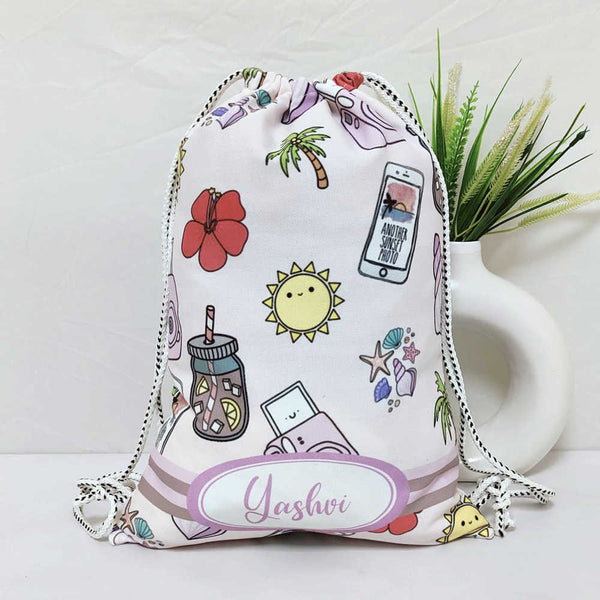 Personalised Floral Printed Kids Drawstring Bag