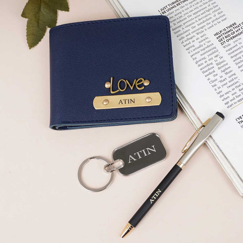 Personalised Gift Combo Men's Wallet With Charm - Blue - Uncommongifts.in