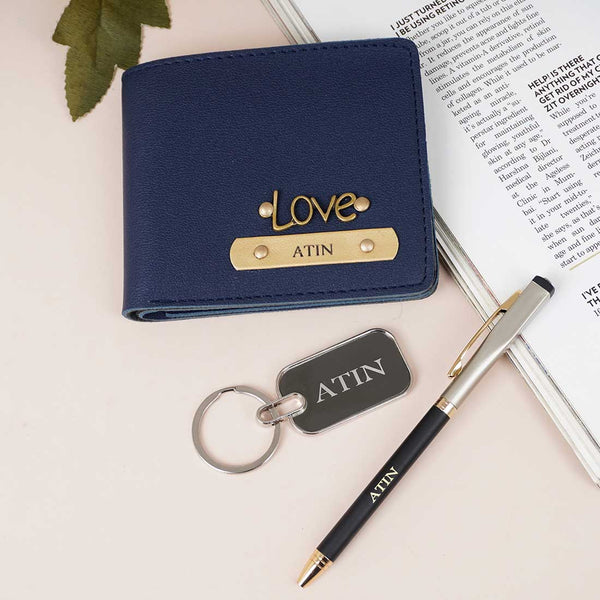 Personalised Gift Combo Men's Wallet With Charm - Blue - Uncommongifts.in