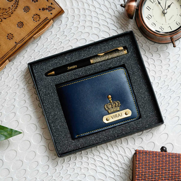 Personalised Gift Combo Men's Wallet With Charm - Blue - Uncommongifts.in