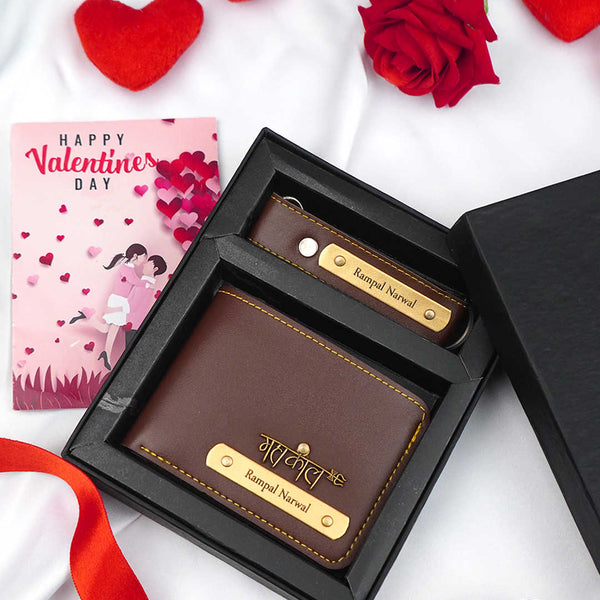 Personalised Gift Combo Men's Wallet With Charm - Dark Brown - Uncommongifts.in