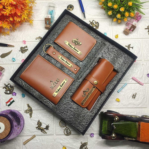 Personalised Gift Combo Men's Wallet With Charm - Brown - Uncommongifts.in