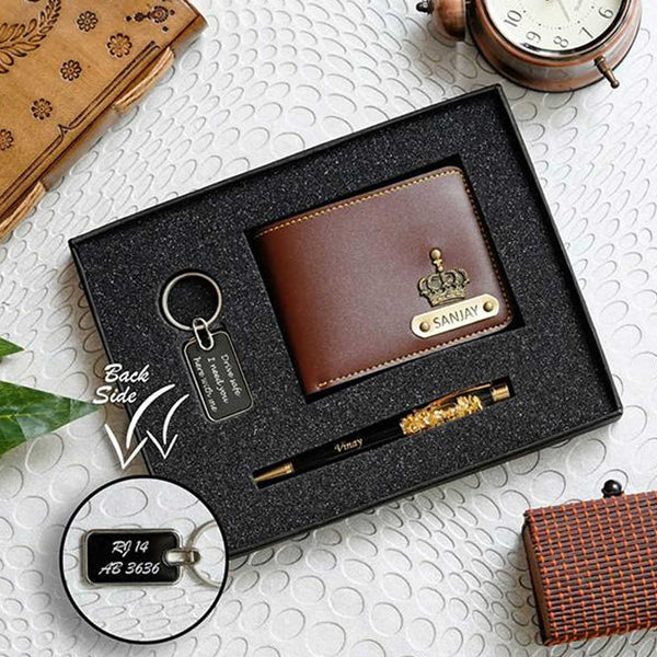 Personalised Gift Combo Men's Wallet With Charm - Brown - Uncommongifts.in