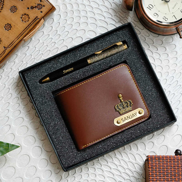 Personalised Gift Combo Men's Wallet With Charm - Brown - Uncommongifts.in