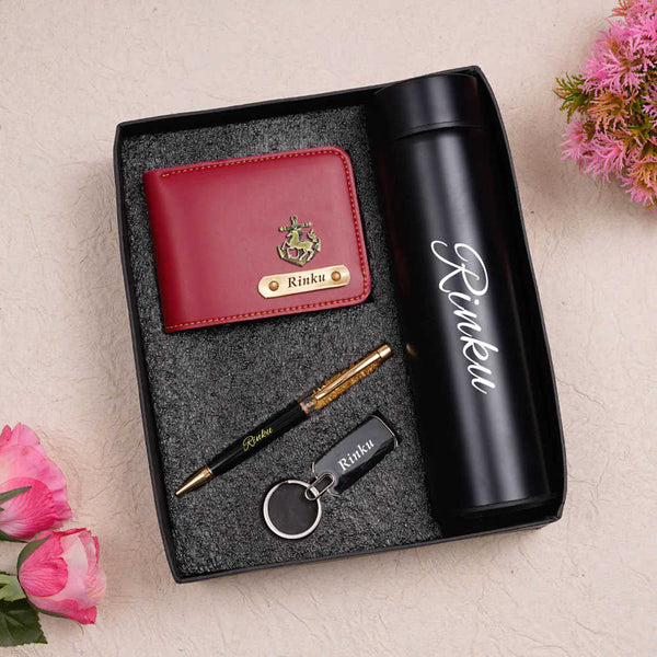 Personalised Gift Combo Men's Wallet With Charm - Cherry Red - Uncommongifts.in