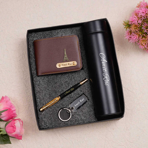 Personalised Gift Combo Men's Wallet With Charm - Dark Brown - Uncommongifts.in