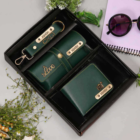 Personalised Gift Combo Men's Wallet With Charm - Green - Uncommongifts.in