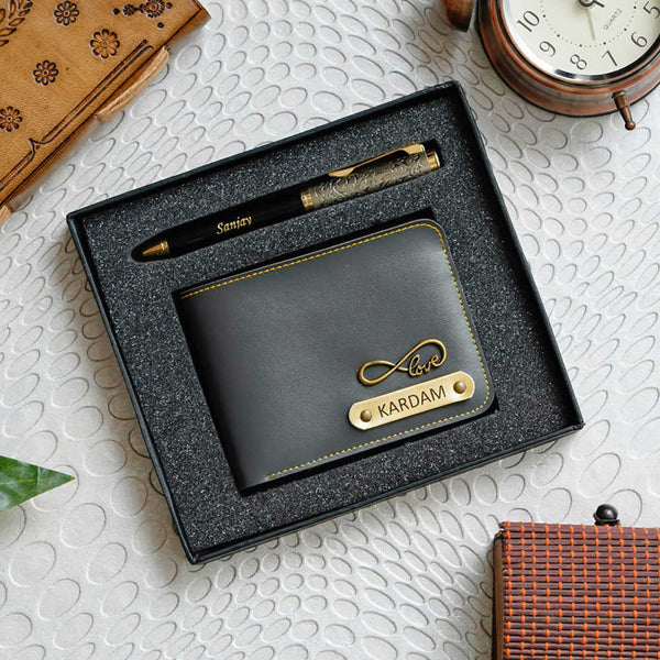 Personalised Gift Combo Men's Wallet With Charm - Grey - Uncommongifts.in