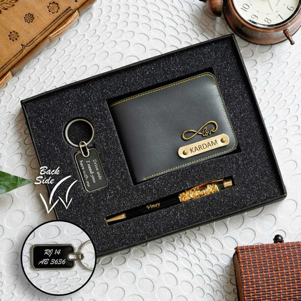 Personalised Gift Combo Men's Wallet With Charm - Grey - Uncommongifts.in