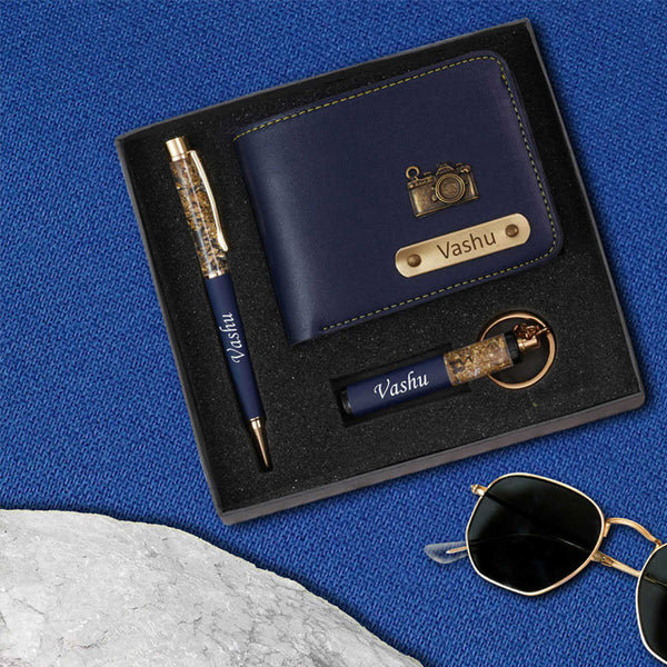 Personalised Gift Combo Men's Wallet With Charm - Navy Blue - Uncommongifts.in