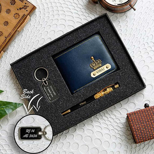 Personalised Gift Combo Men's Wallet With Charm - Navy Blue - Uncommongifts.in