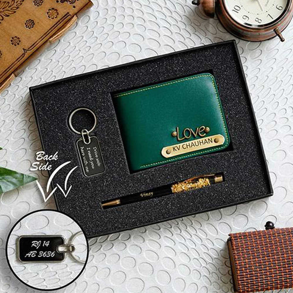 Personalised Gift Combo Men's Wallet With Charm - Olive - Uncommongifts.in