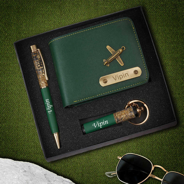 Personalised Gift Combo Men's Wallet With Charm - Olive - Uncommongifts.in