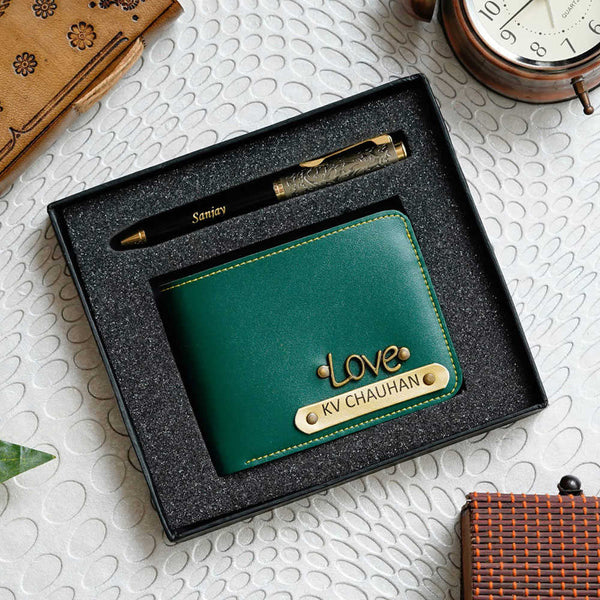 Personalised Gift Combo Men's Wallet With Charm - Olive - Uncommongifts.in