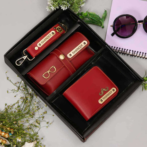 Personalised Gift Combo Men's Wallet With Charm - Red - Uncommongifts.in