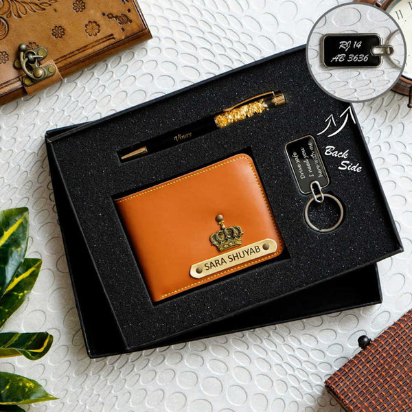 Personalised Gift Combo Men's Wallet With Charm - Rust Color - Uncommongifts.in