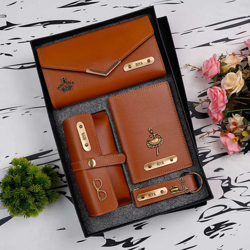Personalised Gift Combo Women's Wallet With Charm - Brown - Uncommongifts.in