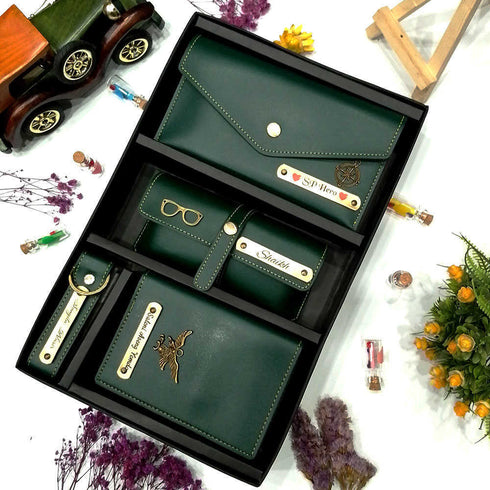 Personalised Gift Combo Women's Wallet With Charm - Dark Green - Uncommongifts.in