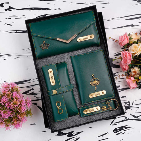 Personalised Gift Combo Women's Wallet With Charm - Green - Uncommongifts.in